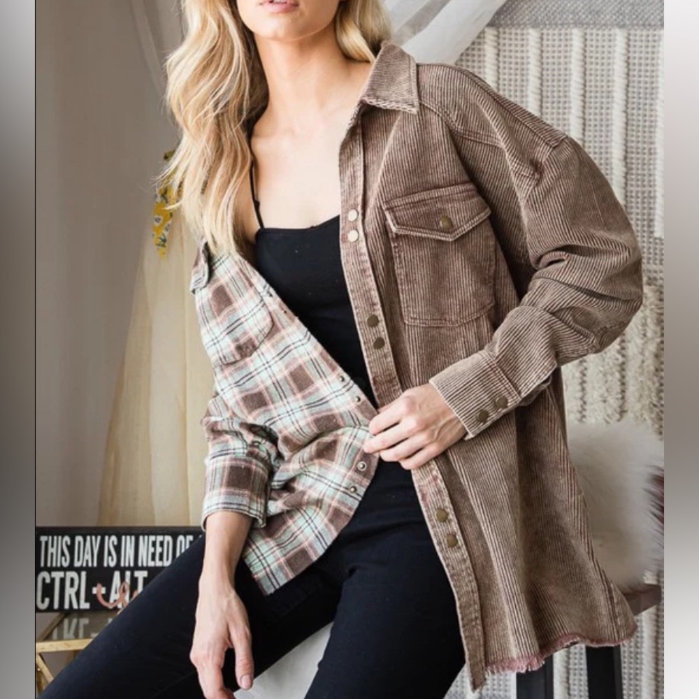 Oli & Hali Two-Tone Brown Corduroy & Plaid Shacket